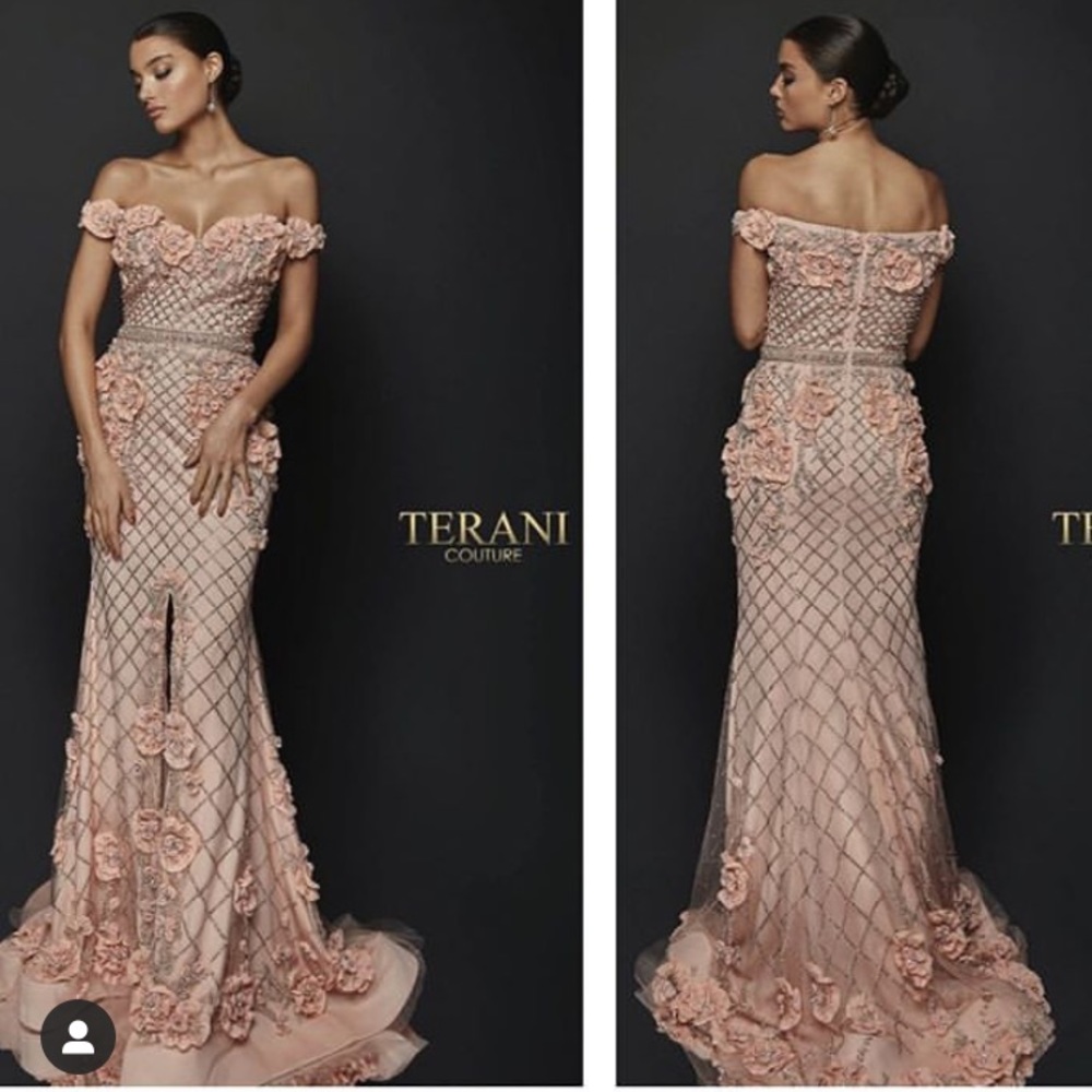 Terani Couture Off the Shoulder Floral Gown Blush